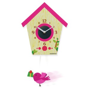 Silent clock with pendulum Bird pink