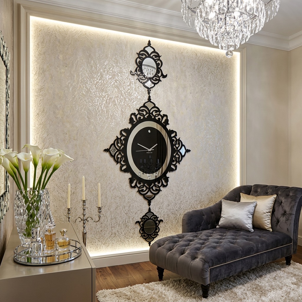 Czarny zegar Glamour FLEXISTYLE w eleganckim salonie